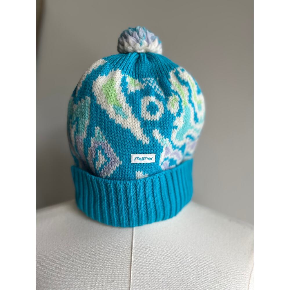 Vintage 80s Blue Wool Beanie Pom Pom Pastel Rolled
